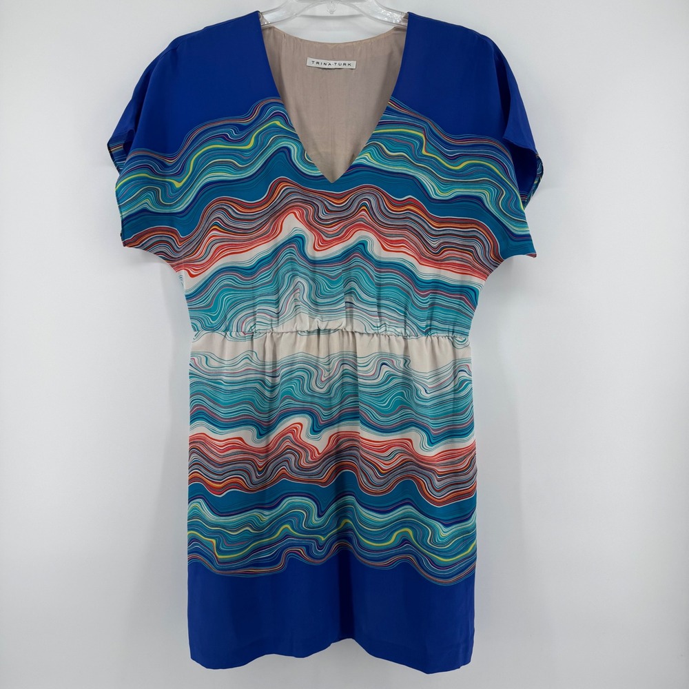 Trina Turk Caspian Agate Swirl Ocean Wave Silk Sheath‎ Dress Blue Size 12
